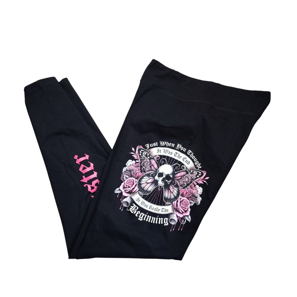 Beautiful Disaster Graphic Leggings Womens Large Black Skull Butterfly